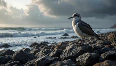 Solitary bird on rocky shore with ruffled feathers and dramatic sky above distant ocean wavesの素材