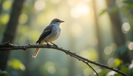 Graceful bird perched on slender branch with sunlight highlighting feathers in soft iridescent glowの素材