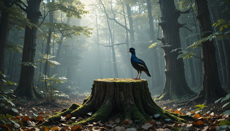 Lone bird resting on mossy tree stump with soft light beams in dreamy woodlandの素材