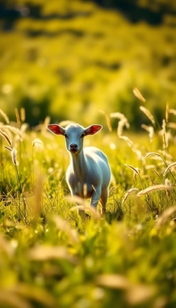 Small white goat in a grassy field under warm glowing sunlightの素材