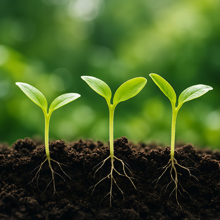 Three vibrant green sprouts emerge from the dark earth, roots visible against a bokeh background.の素材