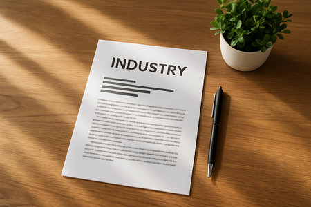 Overhead shot showcasing document titled 'Industry,' a pen, and a potted plant on a wood surface.の素材
