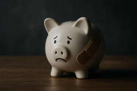 A sad, white piggy bank with a bandage rests somberly on a wooden surface against a dark background.の素材