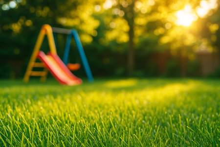 Bright sunlight illuminates vibrant green grass in a playful park scene during the daytime hours.の素材