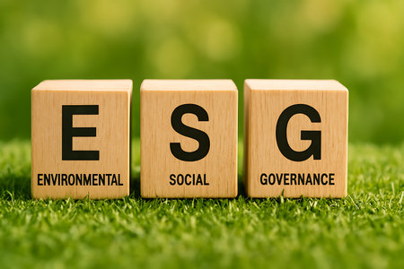 Wooden blocks displaying ESG: Environmental, Social, and Governance on green grass background.の素材