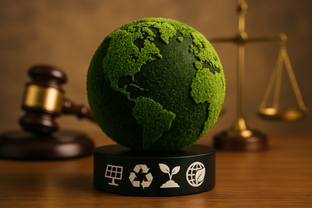 A textured, grassy globe rests on a stand with ecology icons, scales and gavel in the background.の素材
