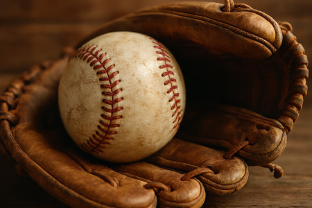 Close-up shows a well-worn baseball resting in an old, leather baseball glove on wood surfaceの素材