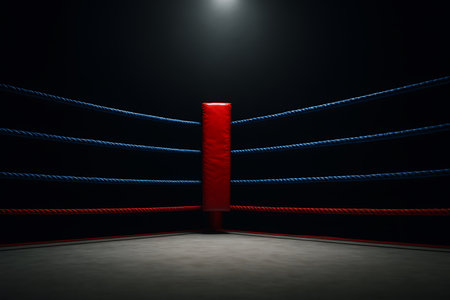 Illuminated corner of an empty boxing ring showcases red post and blue ropes in the darkness.の素材