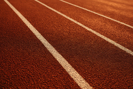 Close-up perspective captures the textured reddish-brown running track with white lane markings.の素材