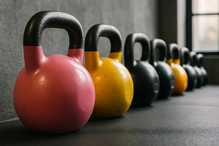 Vibrant kettlebell weights stand ready in a gym setting, evoking strength and determination.の素材