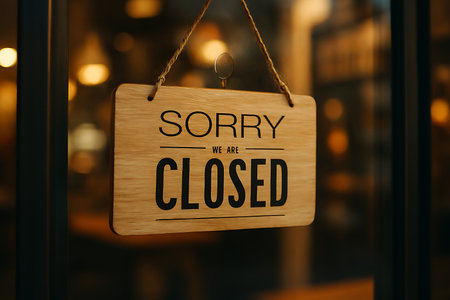 A wooden sign hanging on a glass door indicating that the business is currently closed.の素材