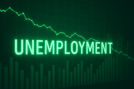 Unemployment rate declines, visualized with a descending line graph and bar chart in green hues.の素材
