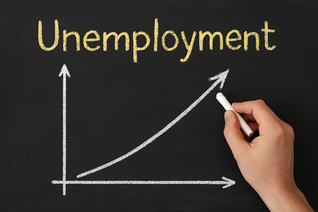 A hand draws a rising line graph with chalk, signifying increasing unemployment rates on blackboard.の素材