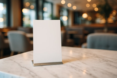 An elegantly styled blank white menu stands on a marble table in a warmly lit restaurant setting.の素材