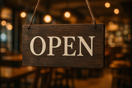 A warmly lit wood sign displays the word OPEN, inviting entry with a welcoming ambiance in view.の素材