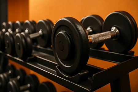 Rack of black dumbbells lined up in a fitness center on an orange wall. Weights stand ready.の素材