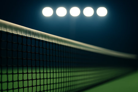 Close-up of a tennis net under bright stadium lights evokes competition and anticipation .の素材