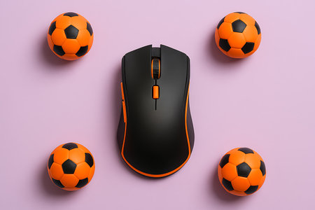 A striking flat lay showcases a black computer mouse centered between four orange soccer balls.の素材