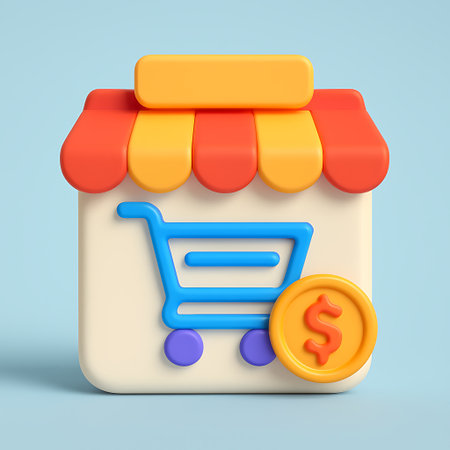 Stylized digital storefront icon showing a shopping cart and dollar coin on a soft blue backdrop.の素材