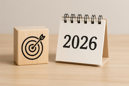 Targeted wooden cube with arrow paired with the calendar displaying 2026, symbolizes goals ahead.の素材