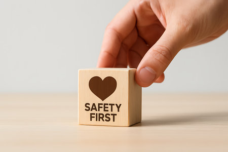 A human hand places a wooden block labeled 'Safety First' and featuring a heart icon on a table.の素材