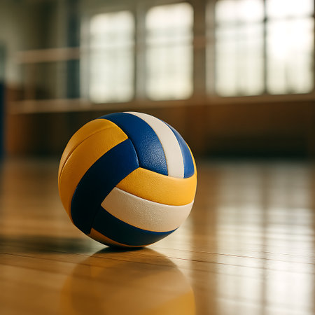 A volleyball rests on a polished wooden court, bathed in soft, filtered light streaming indoorsの素材