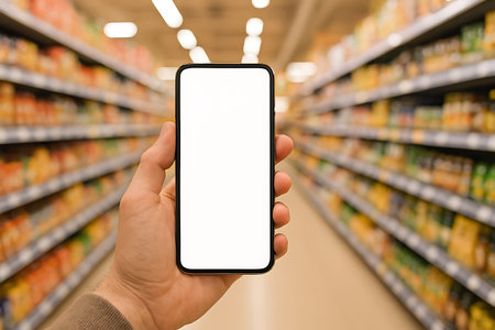 Hand holding a smartphone with a blank white screen in a blurred supermarket aisle scene.の素材