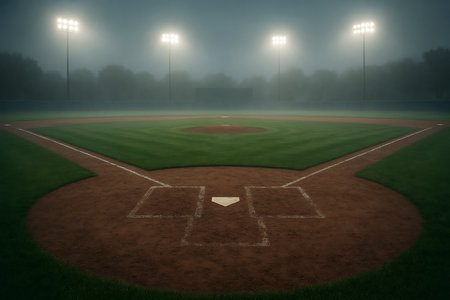 An atmospheric baseball field glows beneath stadium lights through a veil of thick fog blanketing.の素材