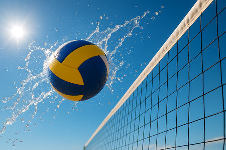 A vibrant volleyball soars through the air, water splashing, next to a net on a bright day.の素材