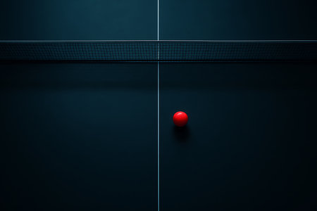 Overhead shot of ping pong table with a net and a single red ball in the center for a game.の素材