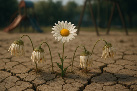 Single fresh daisy rises amidst drooping daisies on cracked earth near playground symbolizing hope.の素材