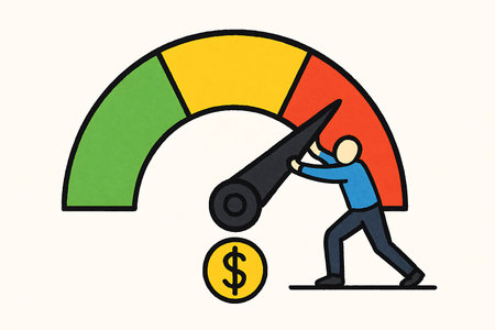 A person struggles to move a meter's arrow towards a danger zone, symbolizing financial difficulty.の素材