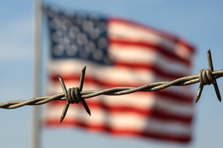 Close-up shows barbed wire fence against blurred image of American flag and bright blue sky.の素材
