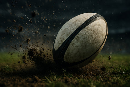 Dynamic action shot of a rugby ball impacting the field, kicking up dirt and grass in motion.の素材