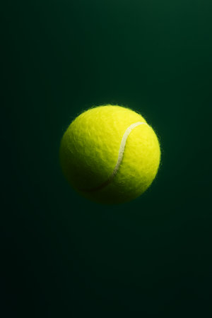 Isolated tennis ball floats against a dark green background, a study in texture and contrast.の素材