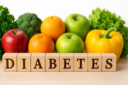 Wooden blocks spelling DIABETES sit among fruits and vegetables, emphasizing healthy eating choices.の素材