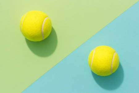 Two vibrant tennis balls lie diagonally across a split background with green and blue pastel tones.の素材