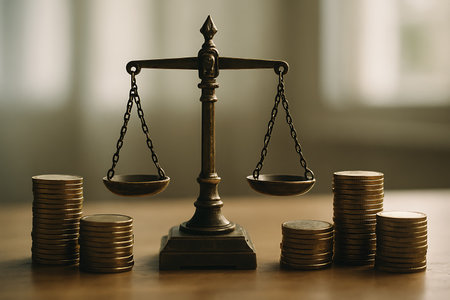 Balanced scales and stacks of coins evoke concepts of financial equilibrium and wealth distribution.の素材
