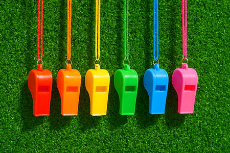 Vibrant, colorful whistles are arranged in a rainbow spectrum on a green, textured background.の素材
