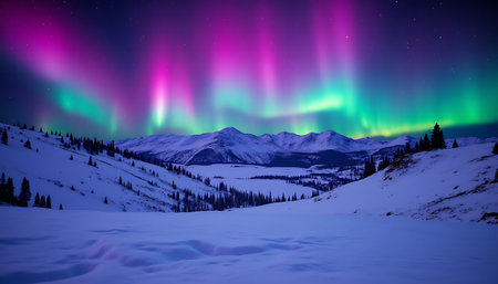 Breathtaking aurora borealis paints the night sky over a snowy mountain landscape, radiating beauty.の素材