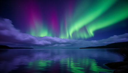 Majestic aurora borealis paints the night sky above tranquil waters, reflecting the light display.の素材