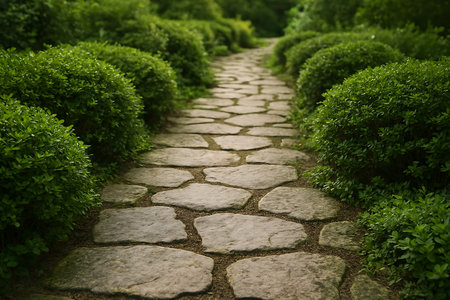 Stone path winds through lush green foliage, creating a serene and inviting garden pathway.の素材