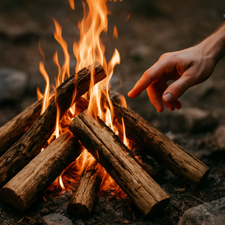 A hand cautiously approaches a vibrant campfire constructed of thick wooden logs outdoors in natureの素材