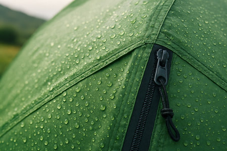 A close-up view reveals rain droplets on the green tent fabric with a black zipper detailの素材