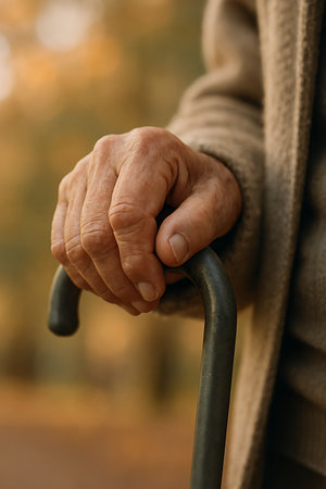 Close-up shows senior's hand firmly gripping a dark walking cane in a soft, blurred outdoor settingの素材