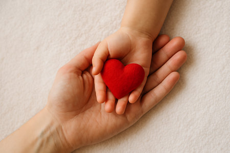A child's hand offering a red heart to an adult, symbolizing love, care, and emotional support.の素材