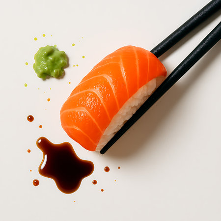 Vibrant salmon nigiri gripped by chopsticks rests near wasabi and soy sauce on white ground.の素材