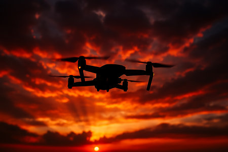 Dramatic silhouette of a drone against a vibrant, fiery sunset sky ablaze with vivid colors.の素材