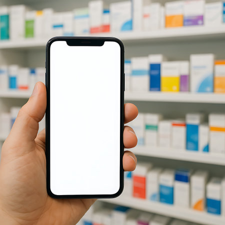 A hand holds a smartphone with a blank white screen, against a blurred pharmacy shelf background.の素材