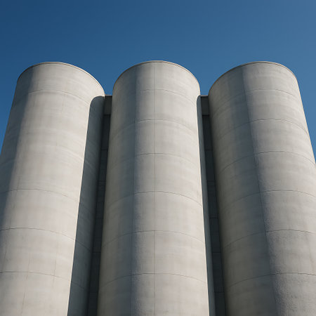 Three towering, cylindrical concrete structures rise against a clear, vibrant blue sky backdrop.の素材